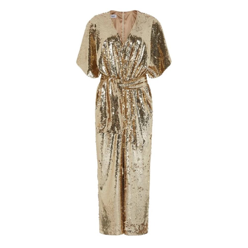 Gold Sequin Palazzo Jumpsuit With Satin Lining & Detachable Belt Like New XL